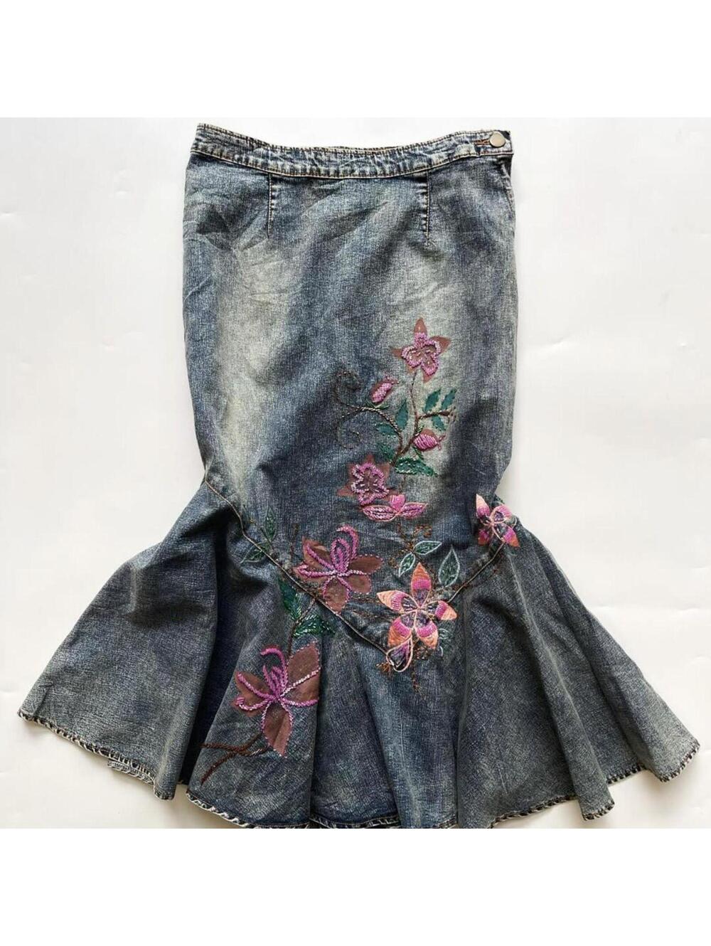 Y2K Beaded Floral Denim Maxi Skirt